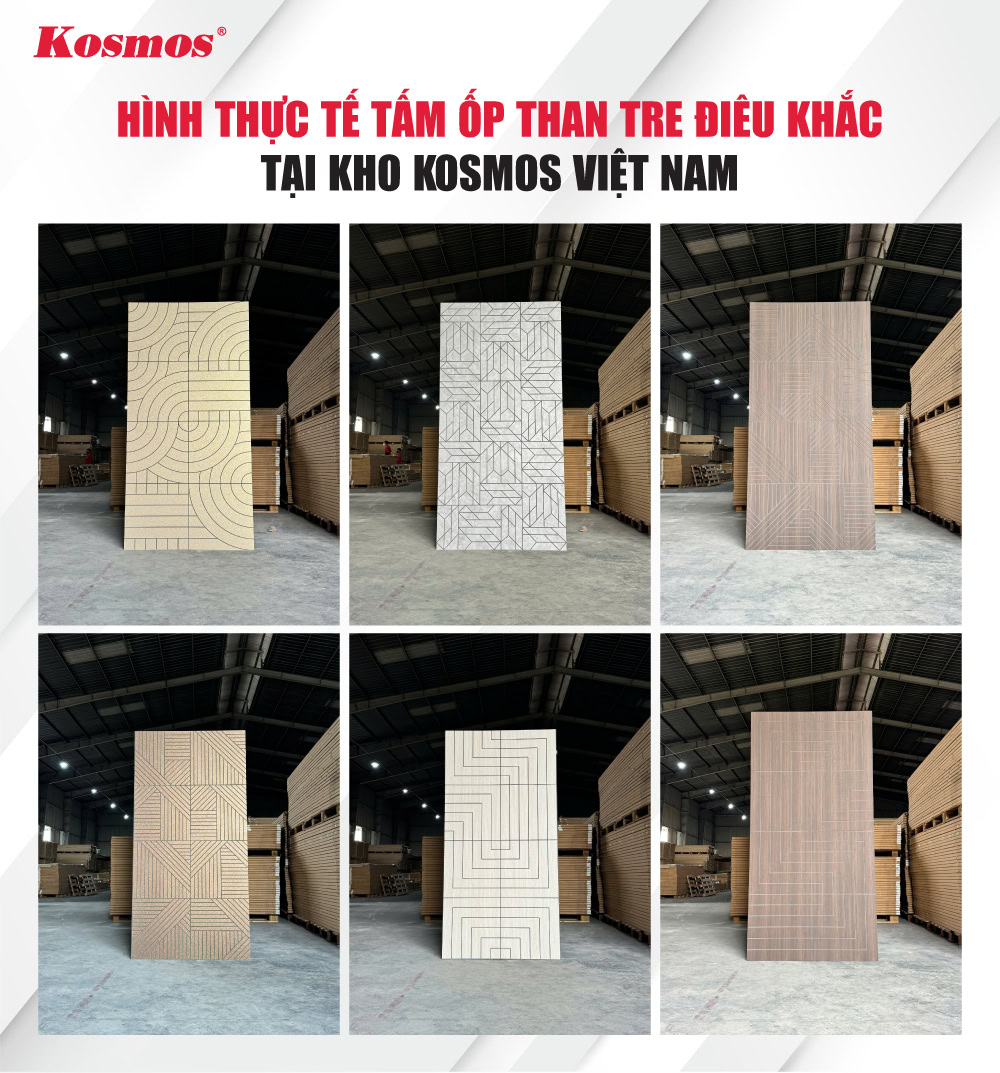 Hình thực tế tấm ốp than tre điêu khắc tại kho Kosmos Hình thực tế tấm ốp than tre điêu khắc tại kho Kosmos