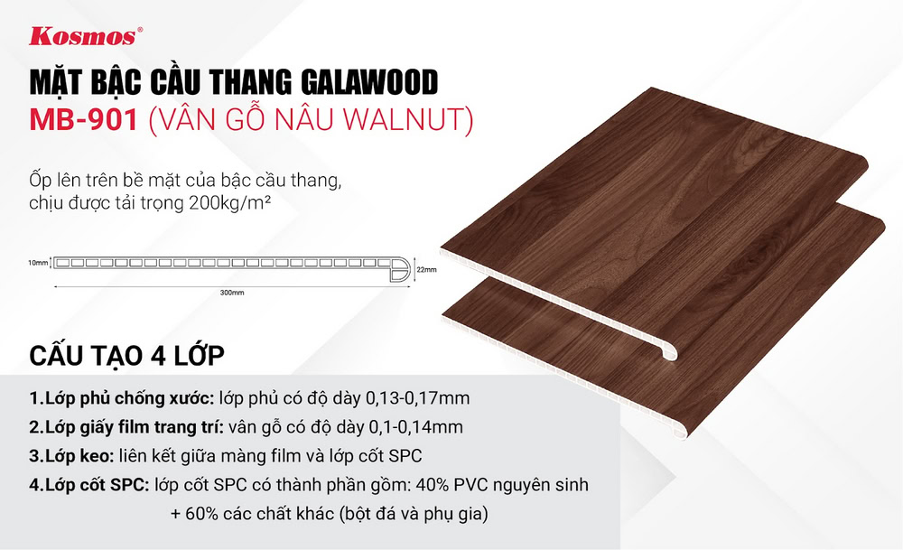 Mặt bậc cầu thang Galawood MB-901 – Vân gỗ nâu walnut