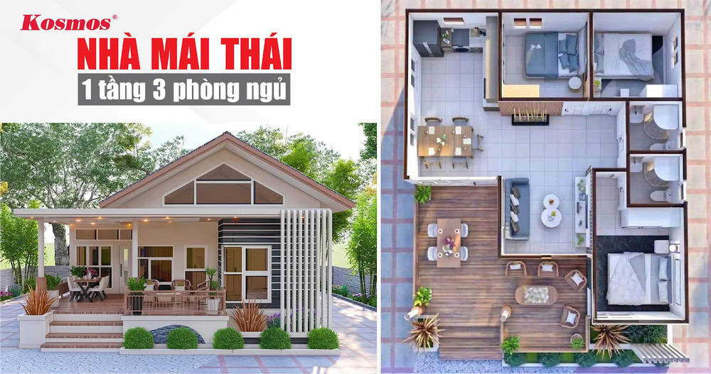 Mẫu nhà mái Thái 3 phòng ngủ 1 tầng phù hợp cho nhà đông thành viên Mẫu nhà mái Thái 3 phòng ngủ 1 tầng phù hợp cho nhà đông thành viên