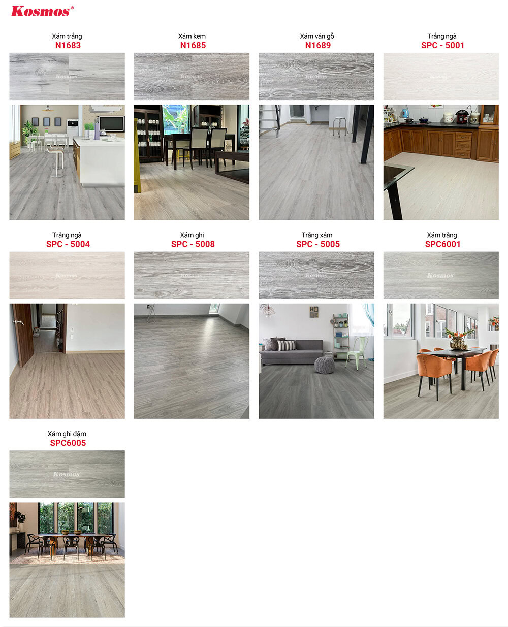 Mẫu sàn nhựa giả gỗ tông màu xám trắng phù hợp với nẹp F5-118 vân gỗ xám ghi