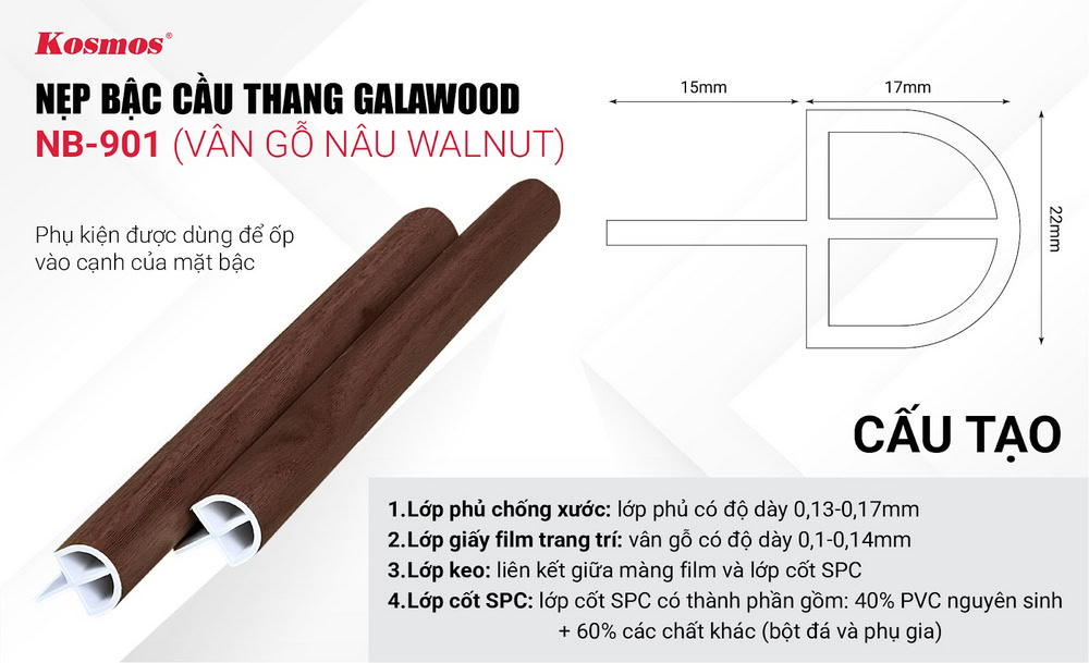 Nẹp bậc cầu thang Galawood NB-901 – Vân gỗ nâu walnut