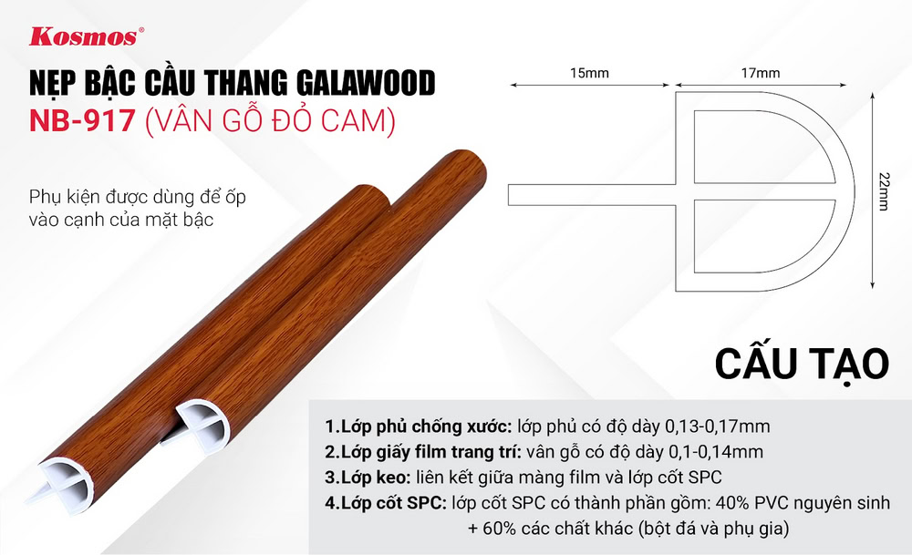 Nẹp bậc cầu thang Galawood NB-917 – Vân gỗ đỏ cam Nẹp bậc cầu thang Galawood NB-917 – Vân gỗ đỏ cam