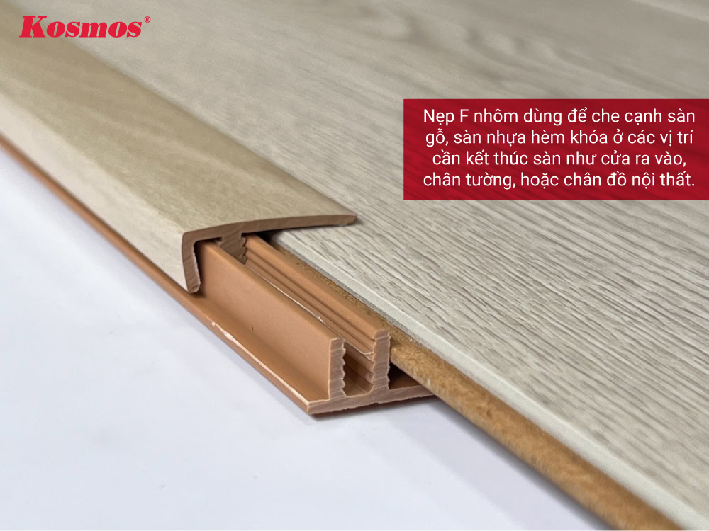 Nẹp F nhôm dùng để nẹp điểm kết thúc sàn gỗ, sàn nhựa hèm khóa