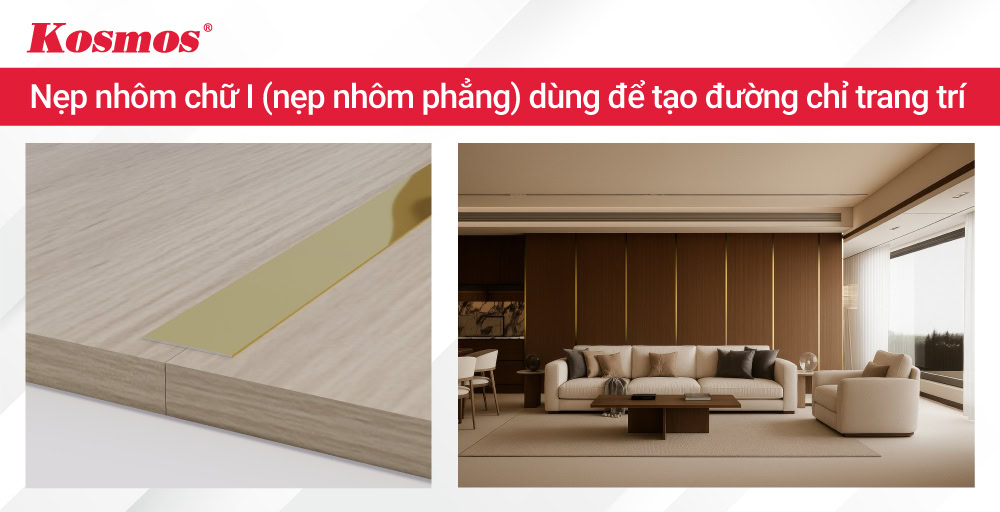 Nẹp nhôm chữ I (nẹp nhôm phẳng) dùng để tạo đường chỉ trang trí.