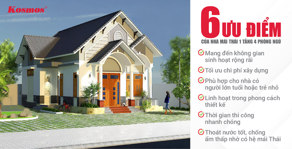 Nhà cấp 4 mái Thái 4 phòng ngủ có 6 ưu điểm nổi bật