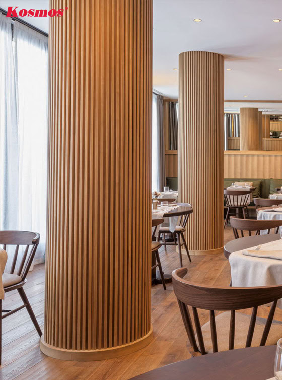 Ốp cột tròn với lam sóng nhựa màu gỗ vàng cam