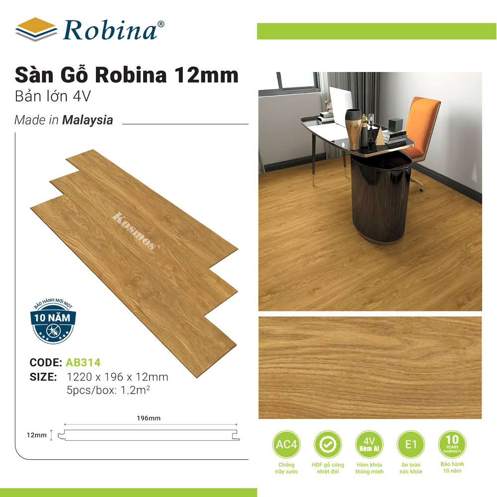 Sàn gỗ Robina 12mm bản lớn AB314 (Honey Toasty Oak)