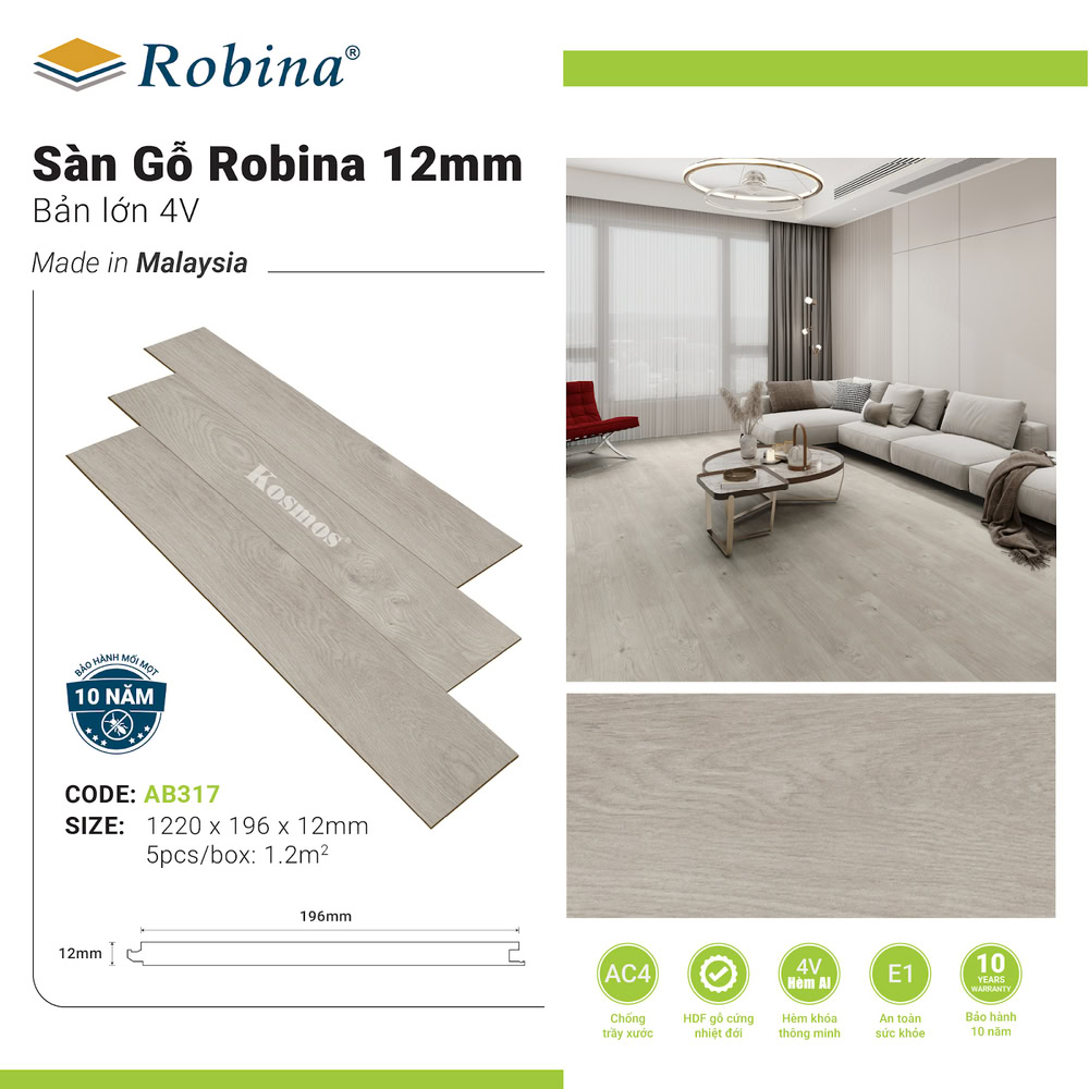 Sàn gỗ Robina 12mm bản lớn AB317 (Light Grey Oak)