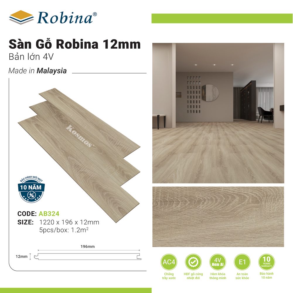Sàn gỗ Robina 12mm bản lớn AB324 (Nordic Aurora Oak)