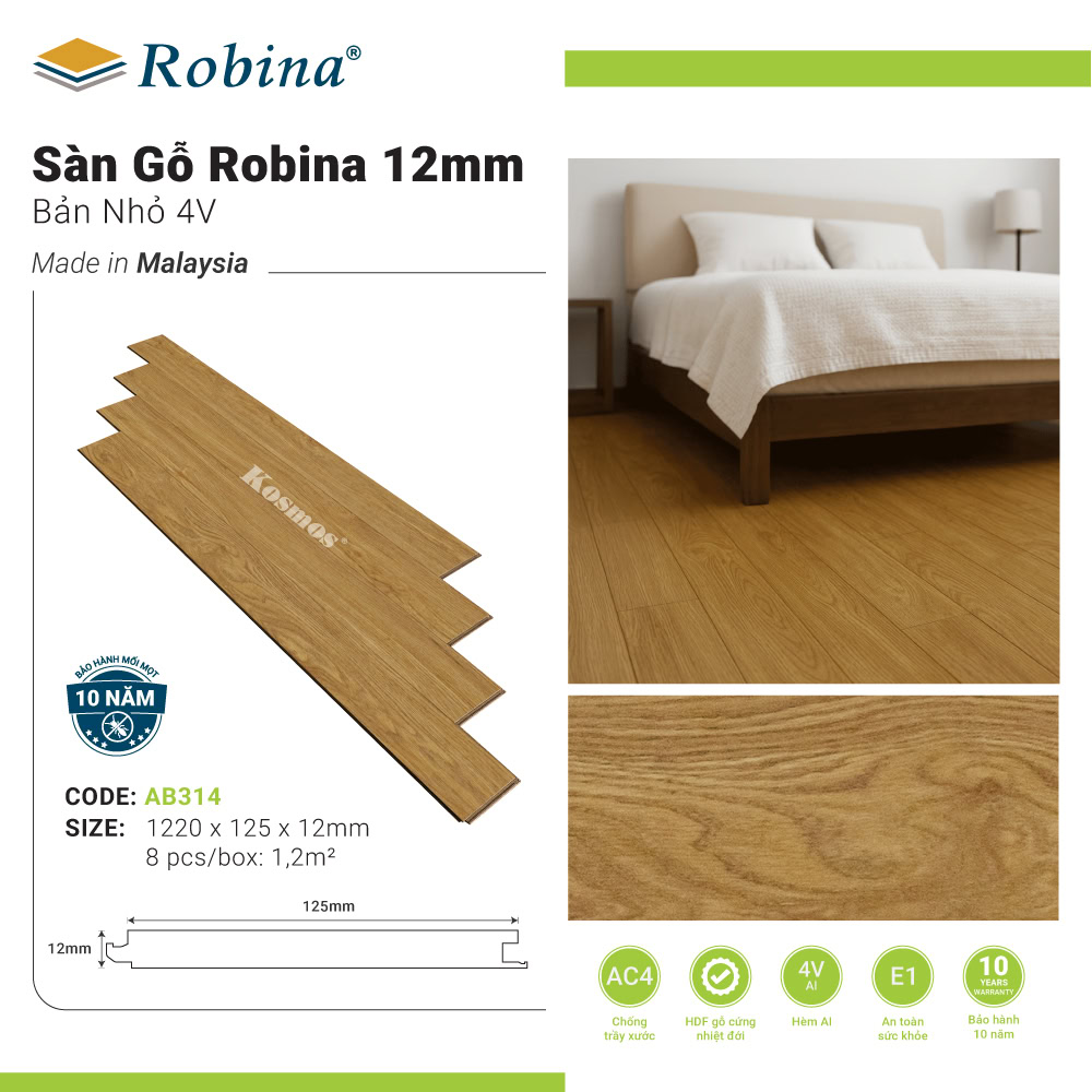 Sàn gỗ Robina 12mm bản nhỏ AB314 (Honey Toasty Oak)