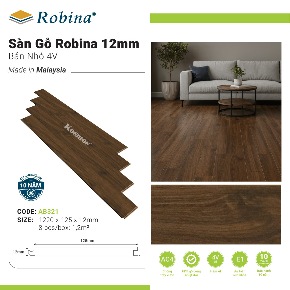 Sàn gỗ Robina 12mm bản nhỏ AB321 (Caramelo Walnut)