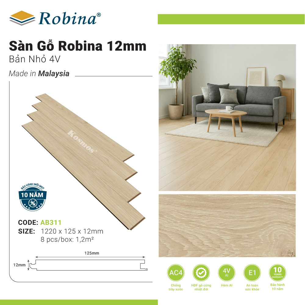Sàn gỗ Robina AB311 12mm bản nhỏ (Rossini French Oak)