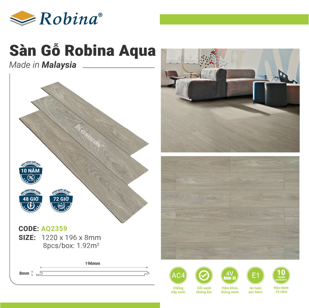 Sàn gỗ Robina Aqua AQ2359 (Tahoa Oak) – Xám nâu trầm Sàn gỗ Robina Aqua AQ2359 (Tahoa Oak) – Xám nâu trầm