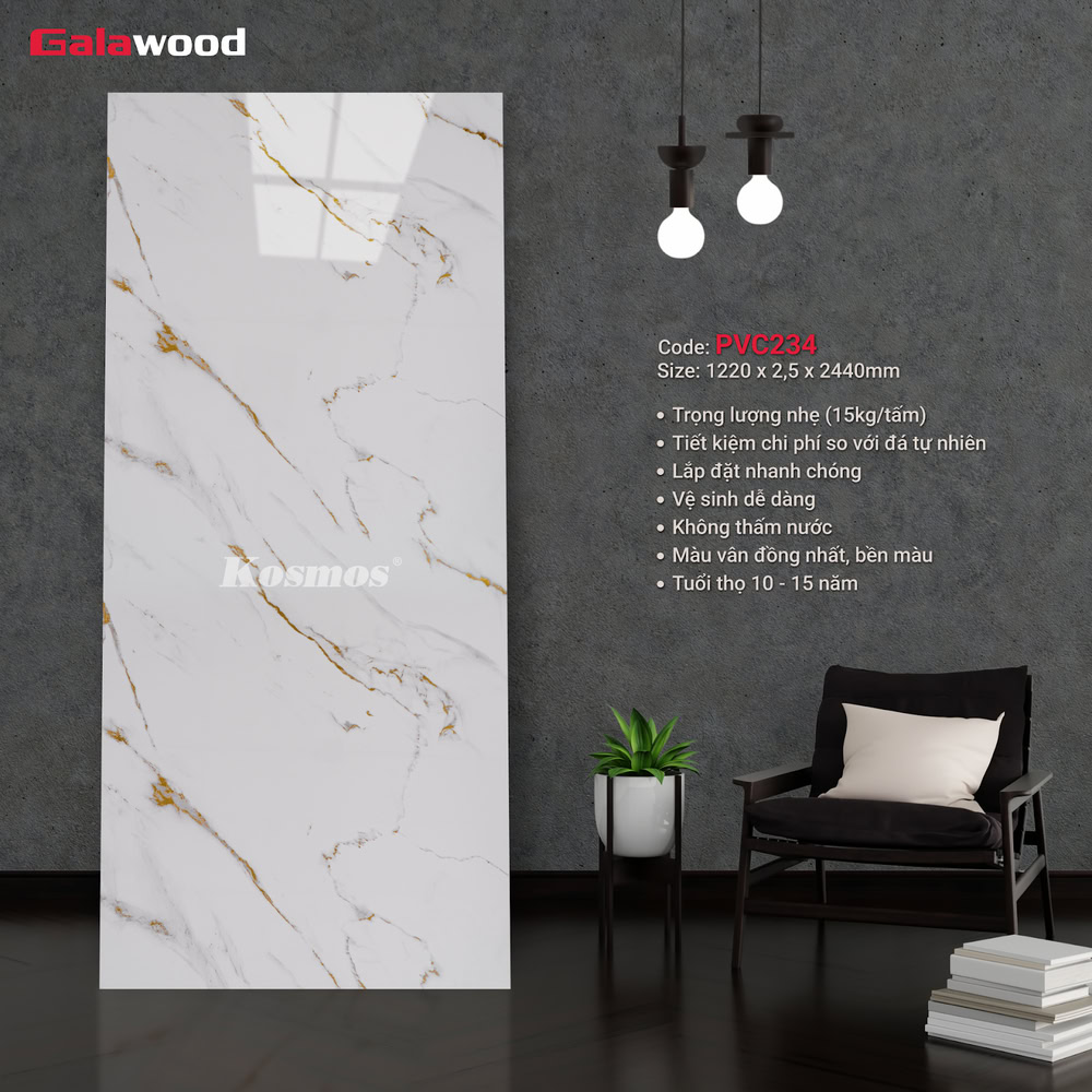 Tấm ốp PVC vân đá Galawood PVC234 Marble vân mây dát vàng Tấm ốp PVC vân đá Galawood PVC234 Marble vân mây dát vàng