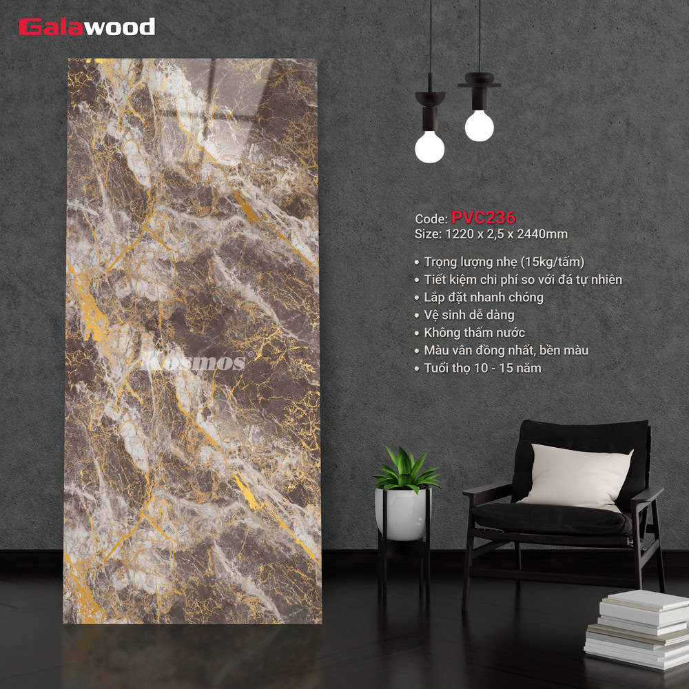 Tấm ốp PVC vân đá Galawood PVC236 Marble vân đá đen dát vàng Tấm ốp PVC vân đá Galawood PVC236 Marble vân đá đen dát vàng