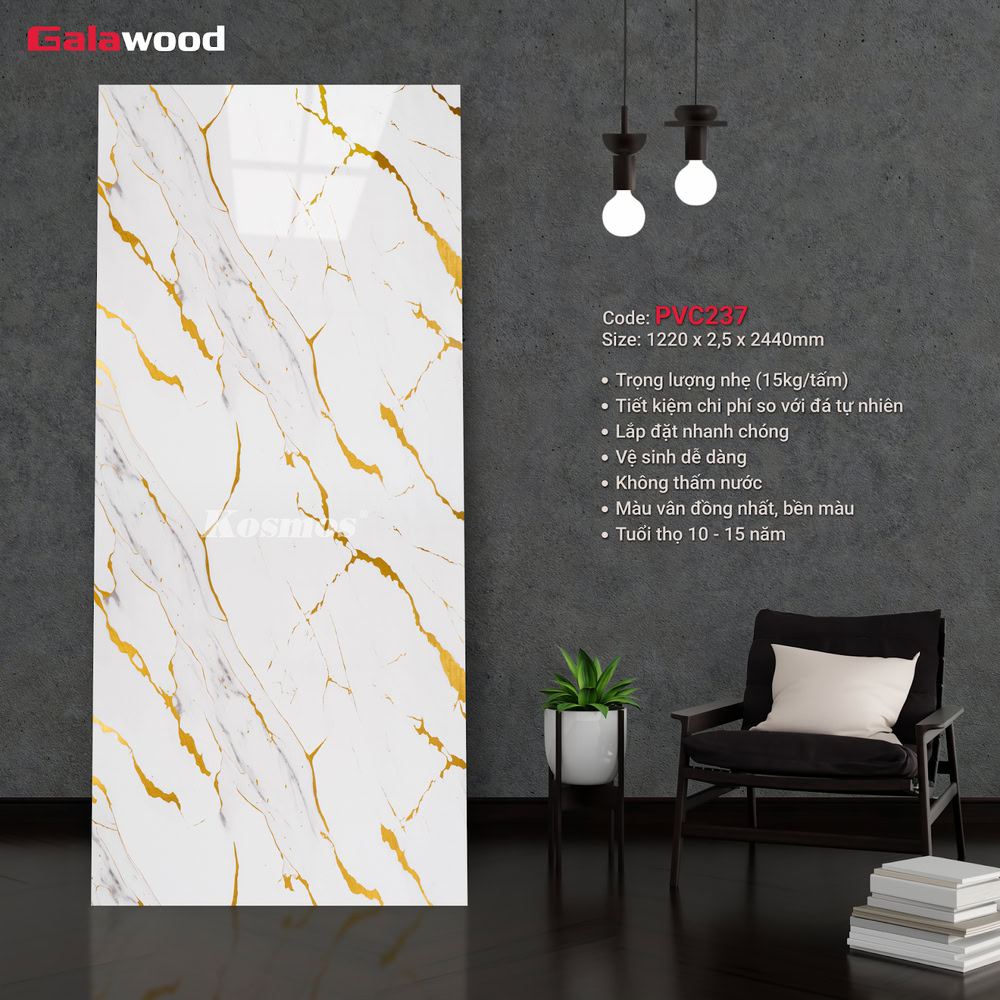Tấm ốp PVC vân đá Galawood PVC237 Marble vân mây dát vàng Tấm ốp PVC vân đá Galawood PVC237 Marble vân mây dát vàng