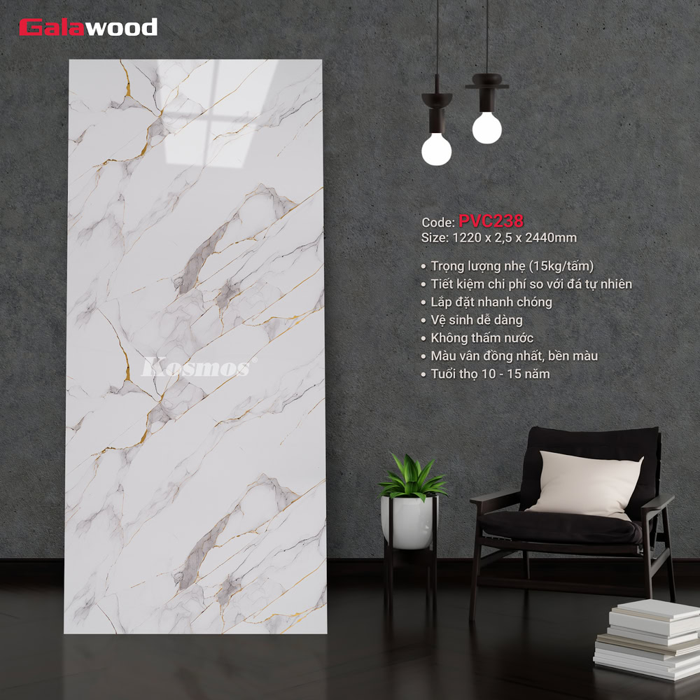 Tấm ốp PVC vân đá Galawood PVC238 Marble xám dát vàng