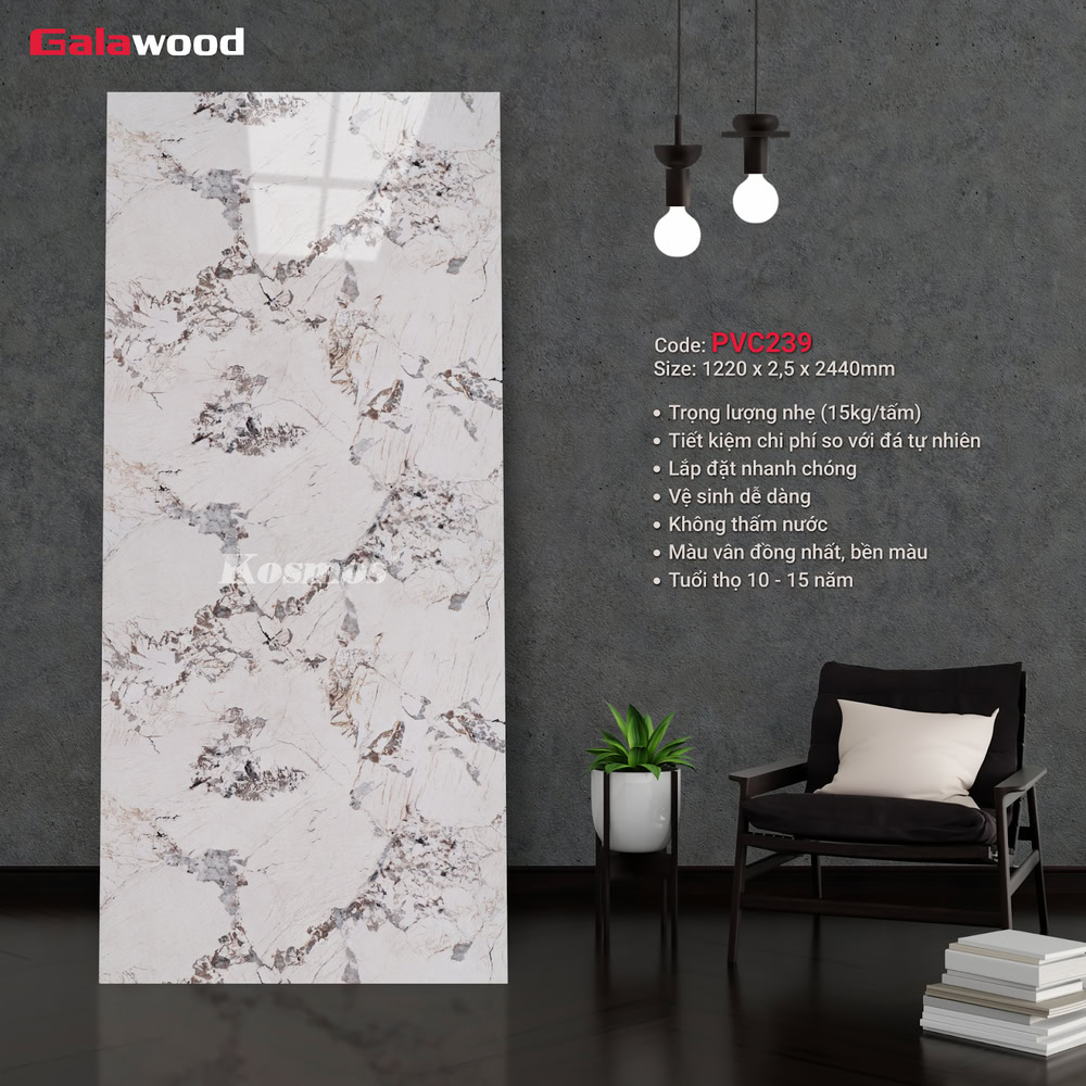 Tấm ốp PVC vân đá Galawood PVC239 Marble vân đá Pandora