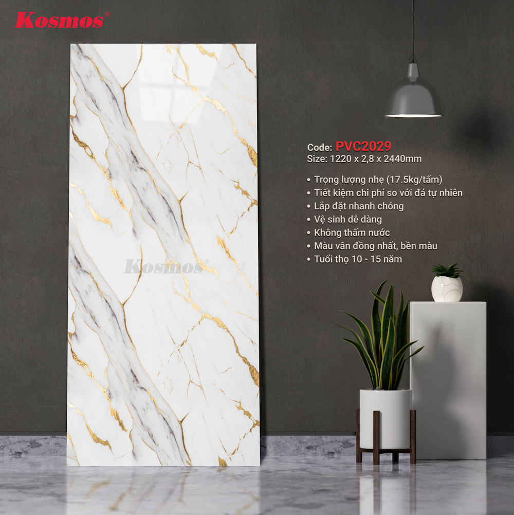 Tấm PVC vân đá Kosmos PVC2029 Marble vân mây dát vàng