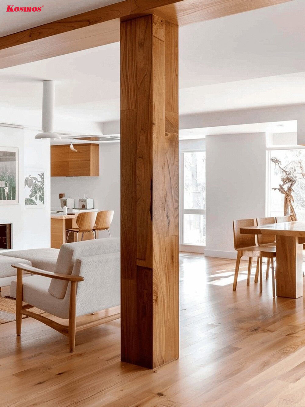 Trang trí cột gỗ vuông lớn, vân gỗ đẹp, mộc mạc