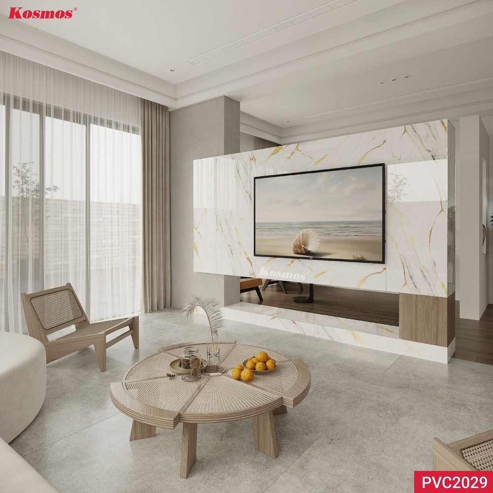 Ứng dụng tấm PVC vân đá Kosmos PVC2029 ốp vách tivi
