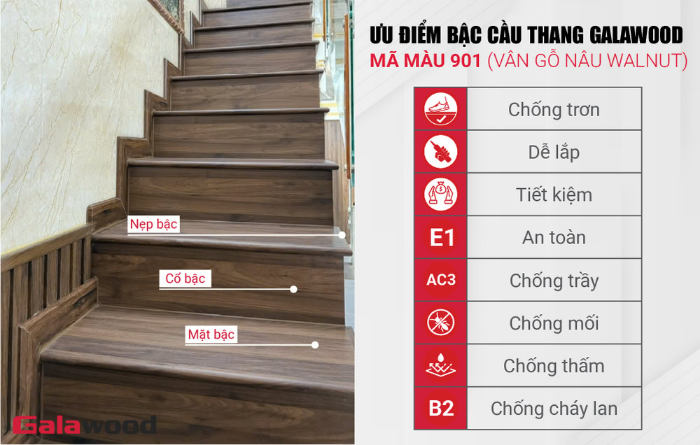 Ưu điểm bậc cầu thang nhựa giả gỗ nâu Walnut Galawood mã màu 901