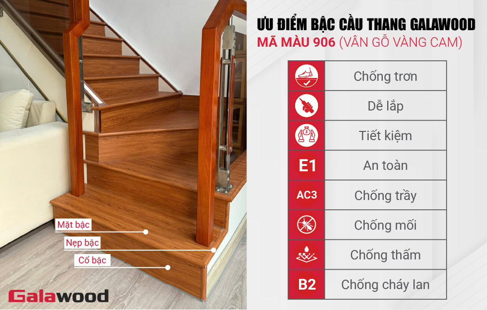 Ưu điểm bậc cầu thang nhựa giả gỗ vàng cam Galawood mã màu 906