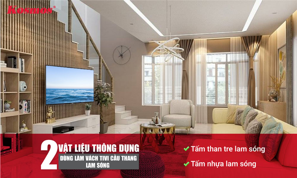 2 vật liệu phổ biến dùng làm vách tivi cầu thang lam sóng
