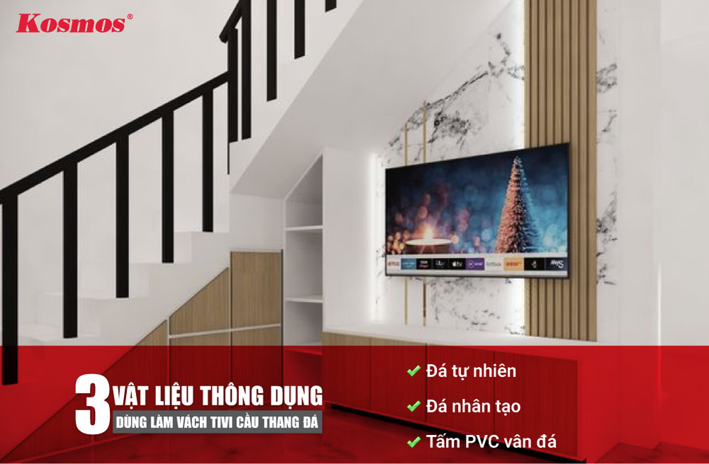 3 vật liệu phổ biến dùng làm vách tivi cầu thang đá