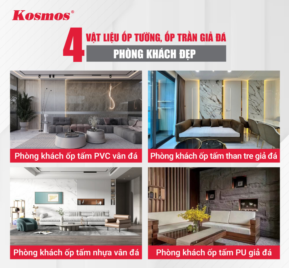 4 loại tấm ốp tường, trần phòng khách phổ biến, chất lượng