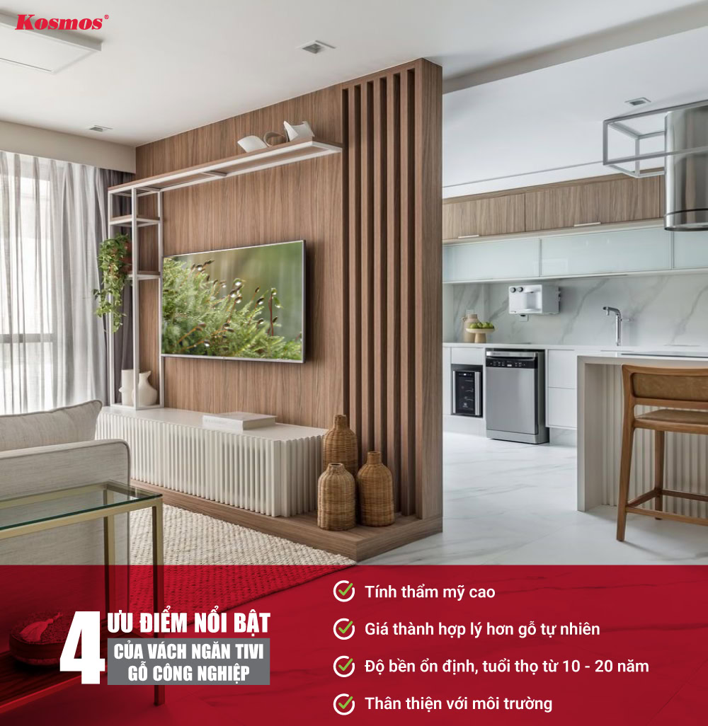 4 ưu điểm vượt trội của vách tivi ngăn phòng gỗ công nghiệp