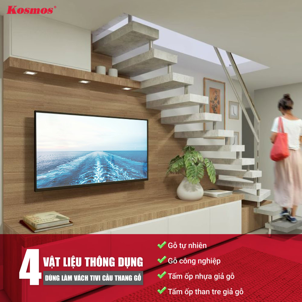 4 vật liệu phổ biến thường dùng làm vách tivi cầu thang gỗ