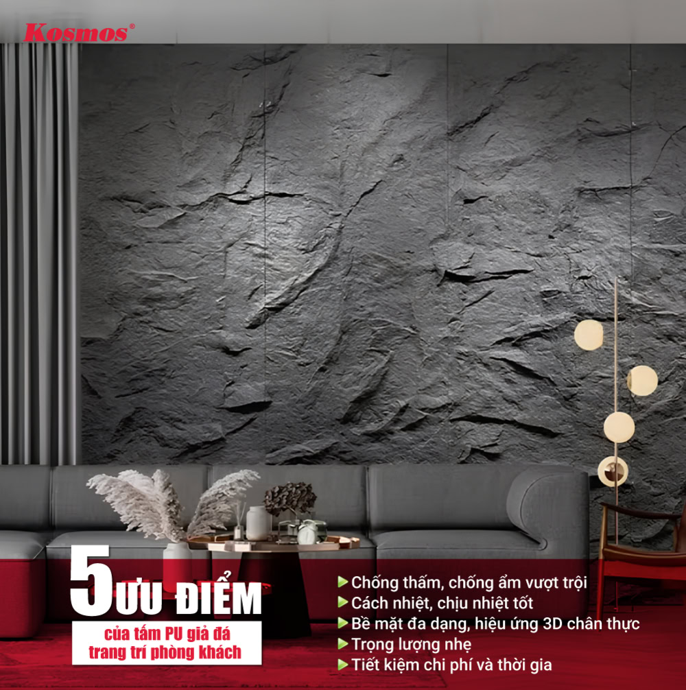 5 ưu điểm nổi bật của tấm PU giả đá trang trí phòng khách