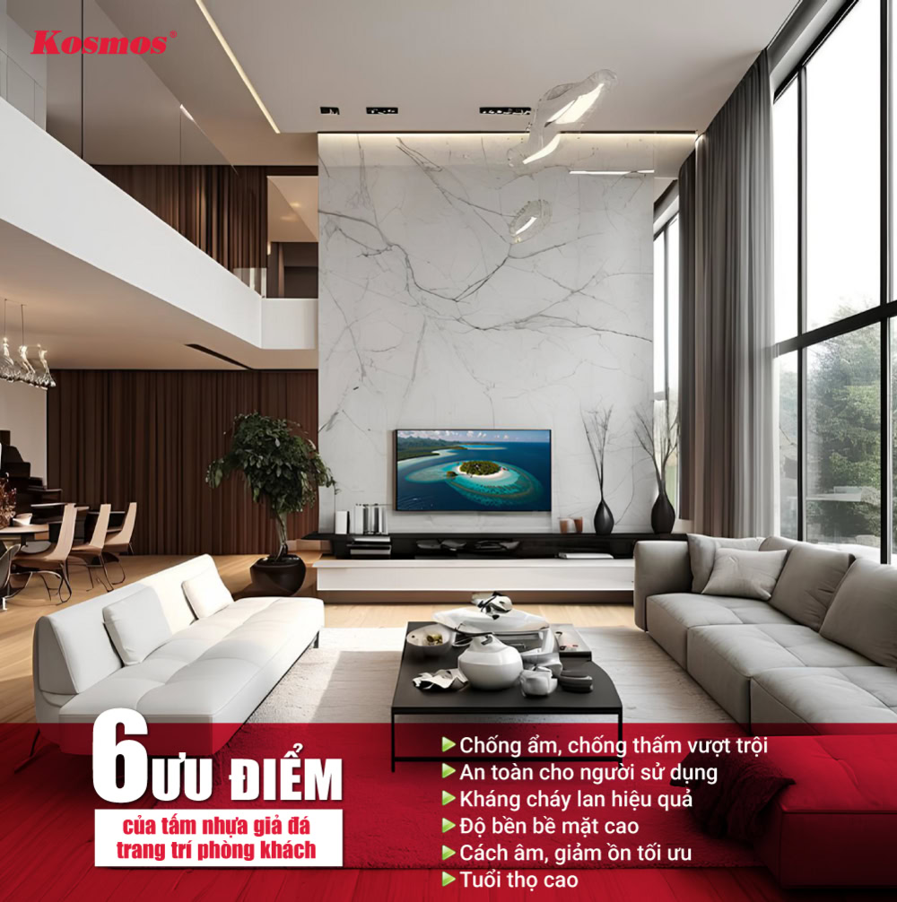 6 ưu điểm nổi bật của tấm nhựa vân đá trang trí phòng khách
