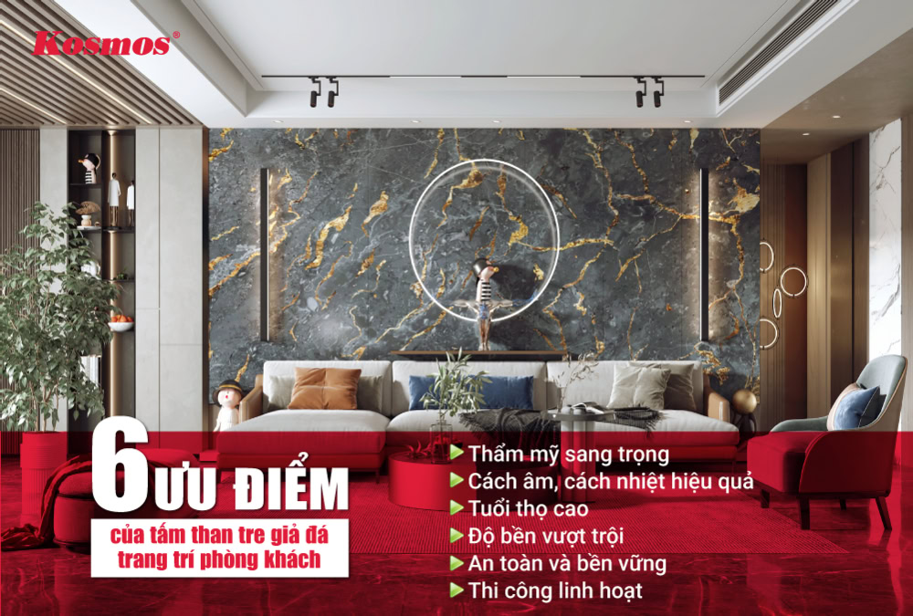 6 ưu điểm nổi bật của tấm PVC vân đá trang trí phòng khách
