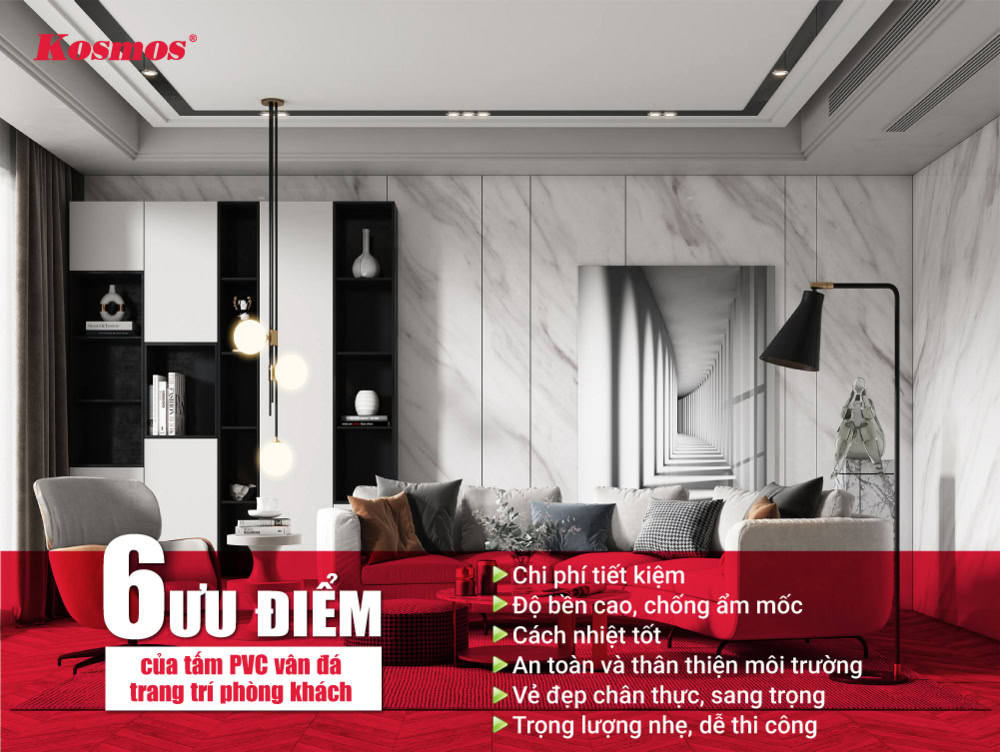 6 ưu điểm nổi bật của tấm PVC vân đá trang trí phòng khách