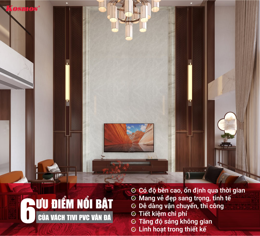 6 ưu điểm vượt trội của vách tivi ốp tấm PVC vân đá