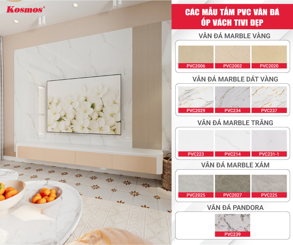 Bộ sưu tập các tấm PVC vân đá ốp vách tivi trẻ trung, sang trọng