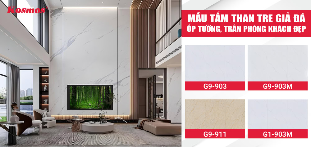 Bộ sưu tập tấm nhựa giả đá ốp tường, trần phòng khách đẹp