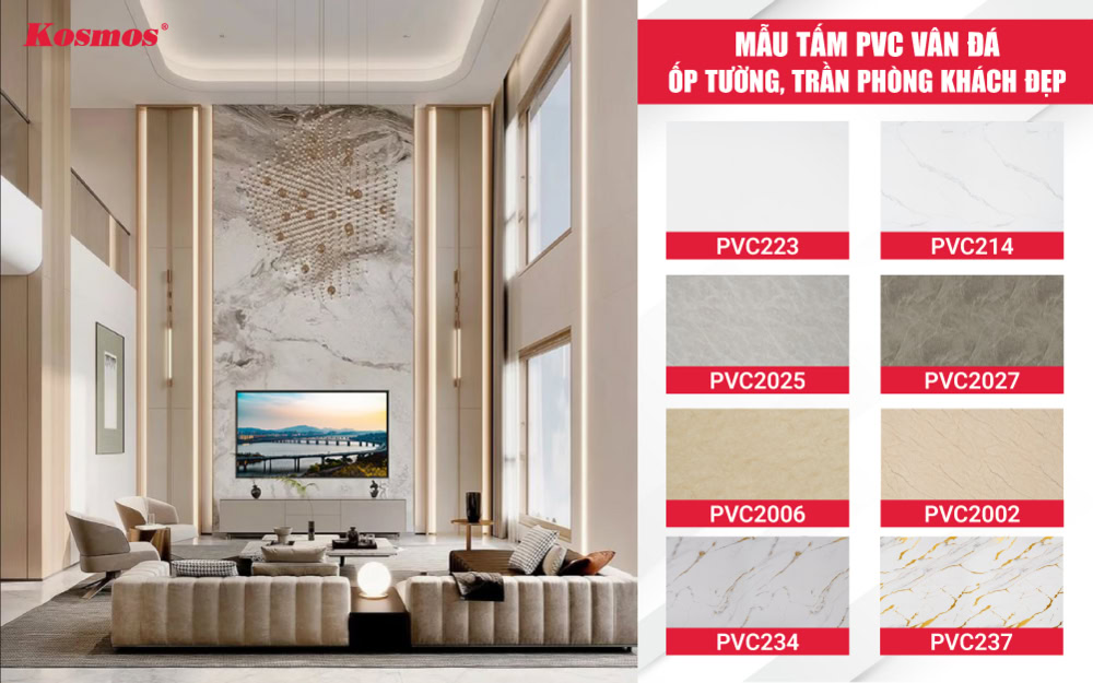 Bộ sưu tập tấm PVC vân đá ốp tường, trần phòng khách đẹp