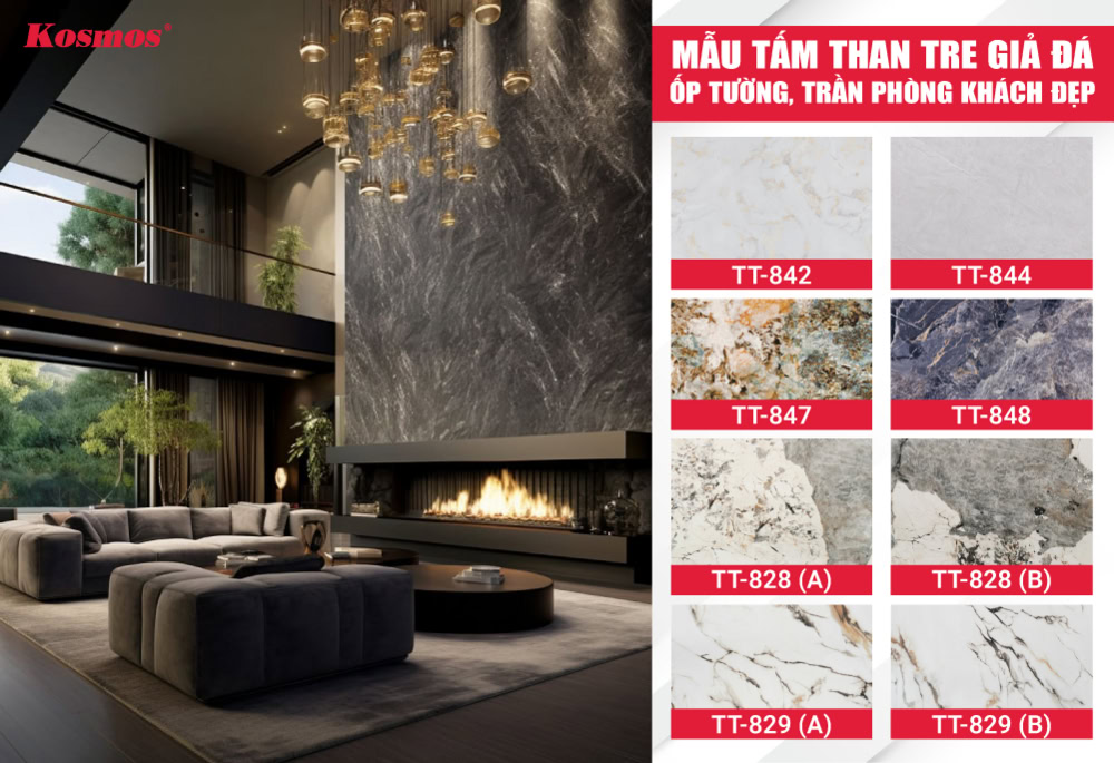 Bộ sưu tập tấm than tre giả đá ốp tường, trần phòng khách đẹp