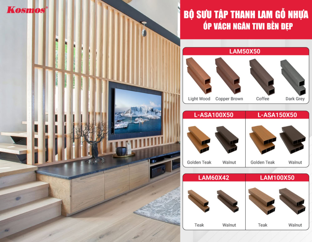 Bộ sưu tập thanh lam gỗ nhựa làm vách ngăn để tivi hiện đại, bền bỉ