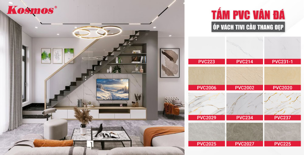 Các mẫu tấm PVC vân đá ốp vách tivi cầu thang đẹp mắt