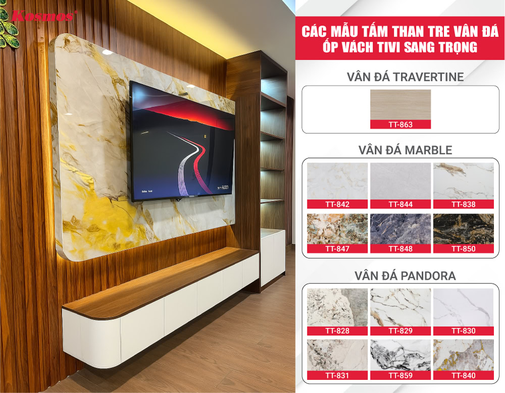 Các mẫu tấm than tre vân đá lắp đặt vách tivi bền, đẹp