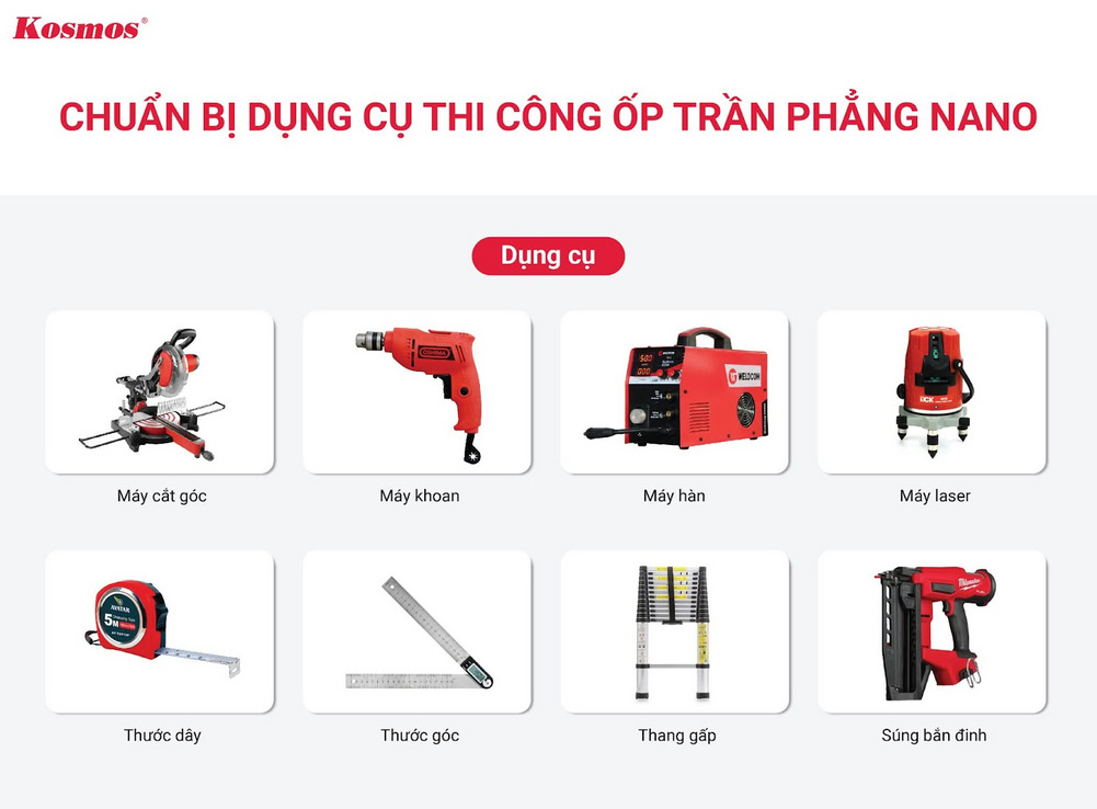 Chuẩn bị dụng cụ thi công ốp trần phẳng Nano