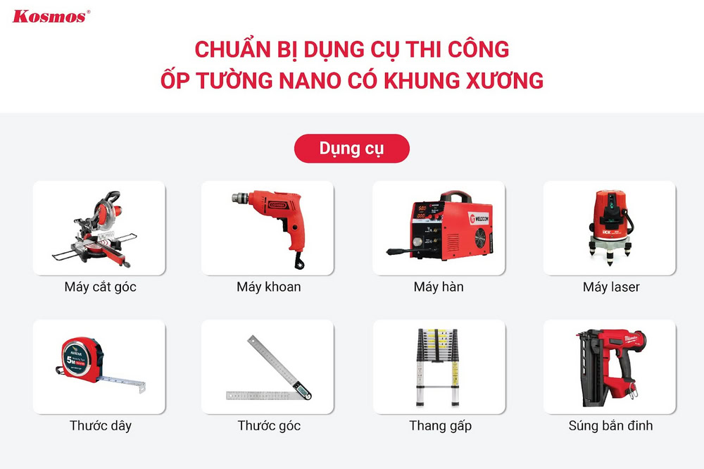 Chuẩn bị dụng cụ thi công ốp tường Nano có khung xương