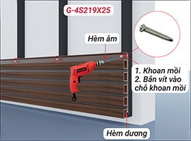 Cố định tấm ốp nhựa ASA G-4S219X25 bằng cách bắn vít vào hèm âm 
