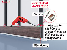 Cố định tấm ốp nhựa ASA G-5S190X20, G-OP112X16 lên khung xương thông qua ke và vít inox 