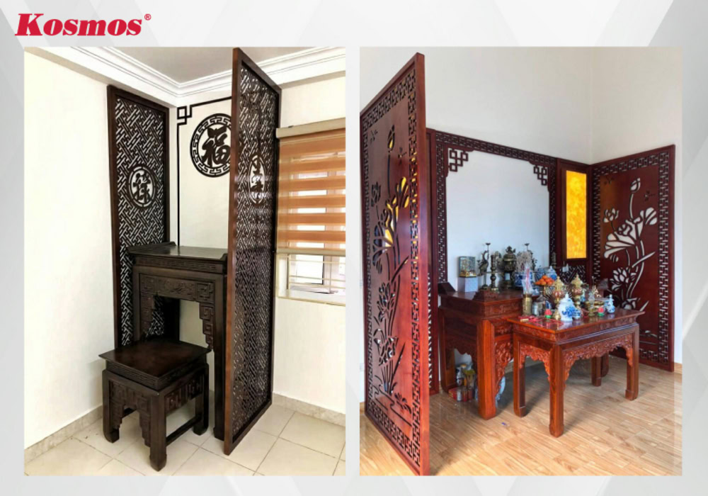 Công trình phòng thờ ngăn không gian bằng vách nhựa hoa văn CNC Công trình phòng thờ ngăn không gian bằng vách nhựa hoa văn CNC