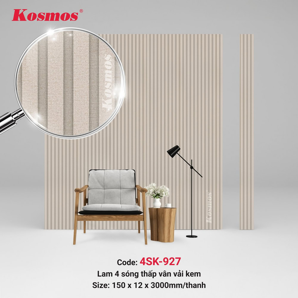 Đặc điểm nổi bật của tấm ốp lam 4 sóng thấp 4SK-927 là bề mặt vân vải kem Đặc điểm nổi bật của tấm ốp lam 4 sóng thấp 4SK-927 là bề mặt vân vải kem